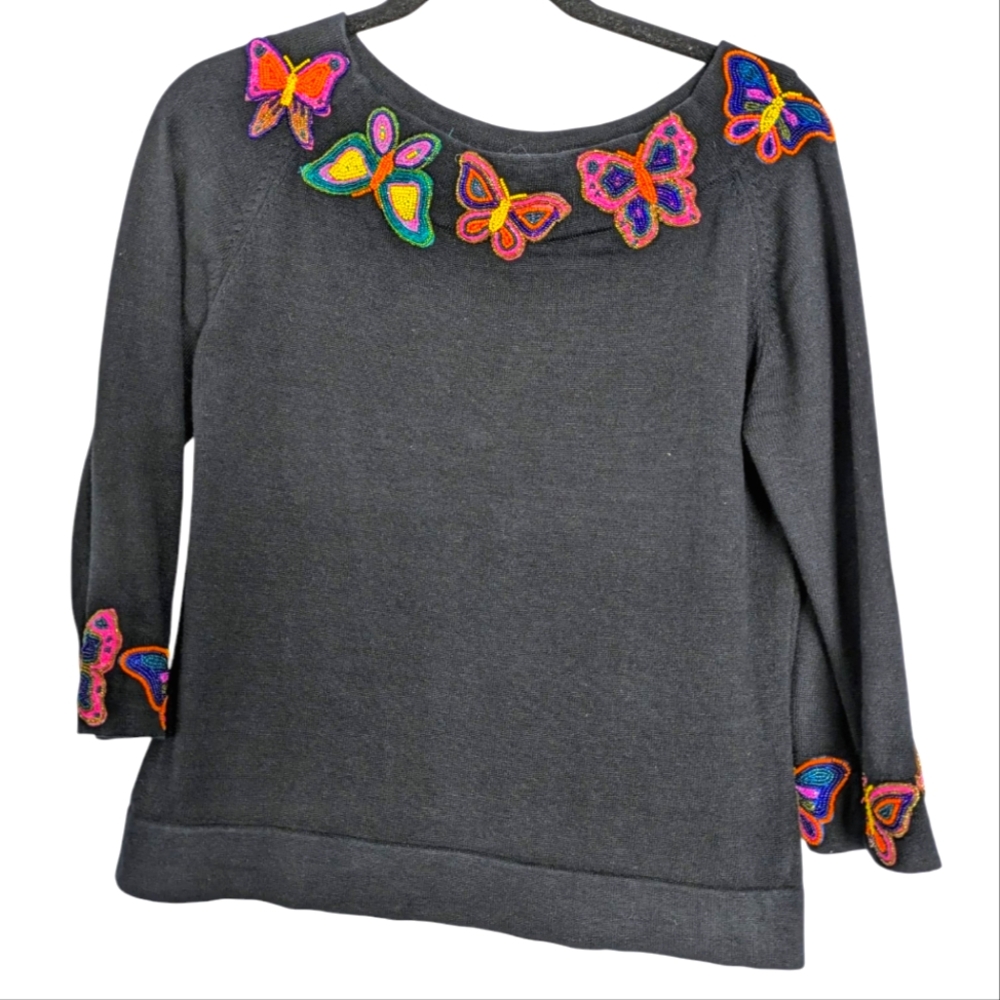 Belle Pointe Beaded Butterfly Sweater Medium Black Whimsical Novelty Statement‎